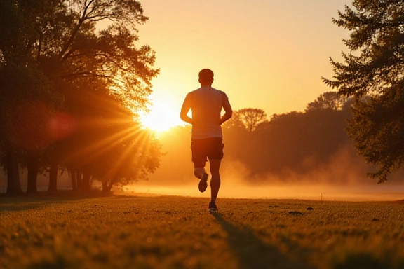 Osoba biegnąca w parku o wschodzie słońca, symbolizująca aktywność fizyczną i dobre samopoczucie.