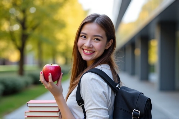Uśmiechnięta studentka z książkami i zdrowym jedzeniem