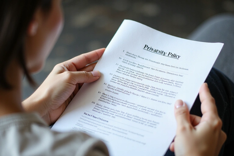 Kobieta czytająca dokumenty, symbolizujące politykę prywatności i regulamin.